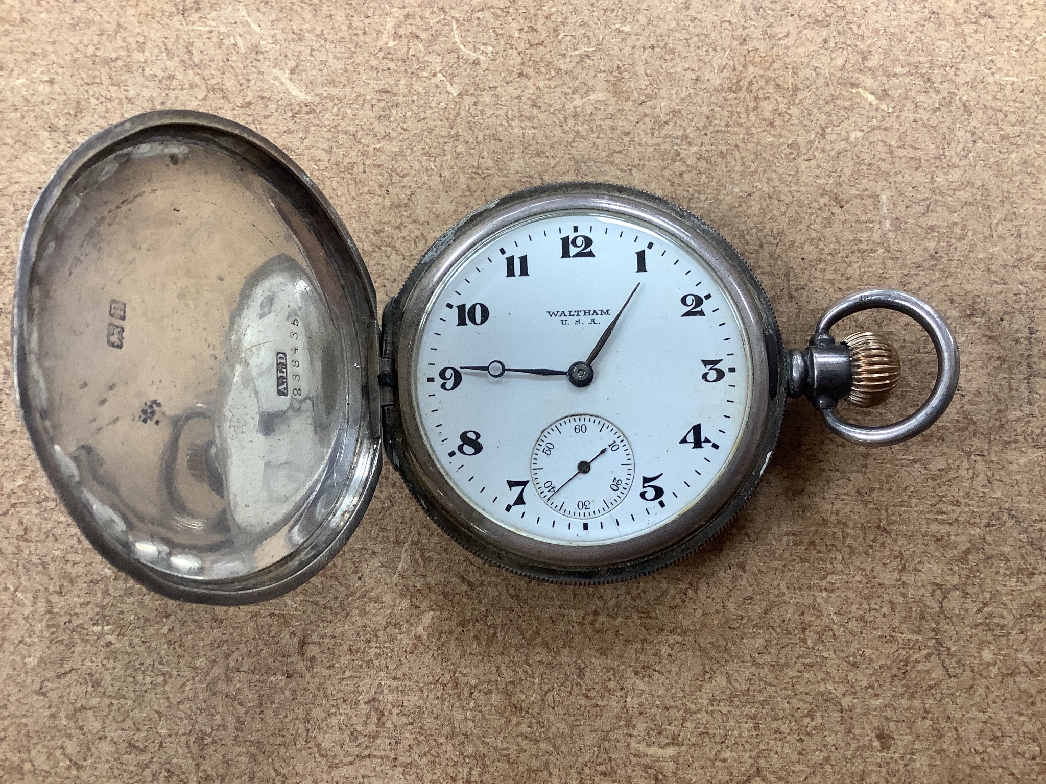 A George III silver hunter pocket watch, by Cameron, Liverpool(a.f.), two other silver pocket watches by Davies & Son & Waltham, a Swiss 935 case fob watch and a silver and enamel Hebdomas pocket watch(a.f.).